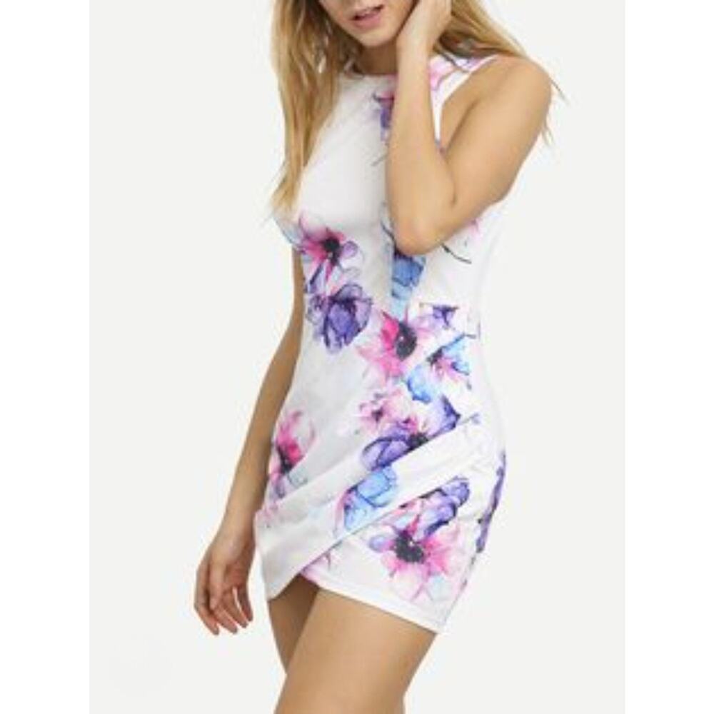 Depri White Multicolor Floral Bodycon Mini Dress Spring Summer Size S